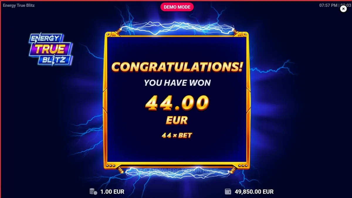 Tampilan visual slot Energy True Blitz dengan tema neon elektrik dan simbol kasino klasik
